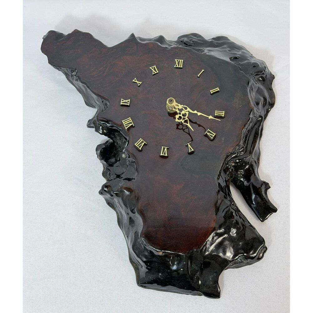 VTG Burl Wood Live Edge Rustic Epoxy Wall Clock Handcrafted 1980s Tested Works